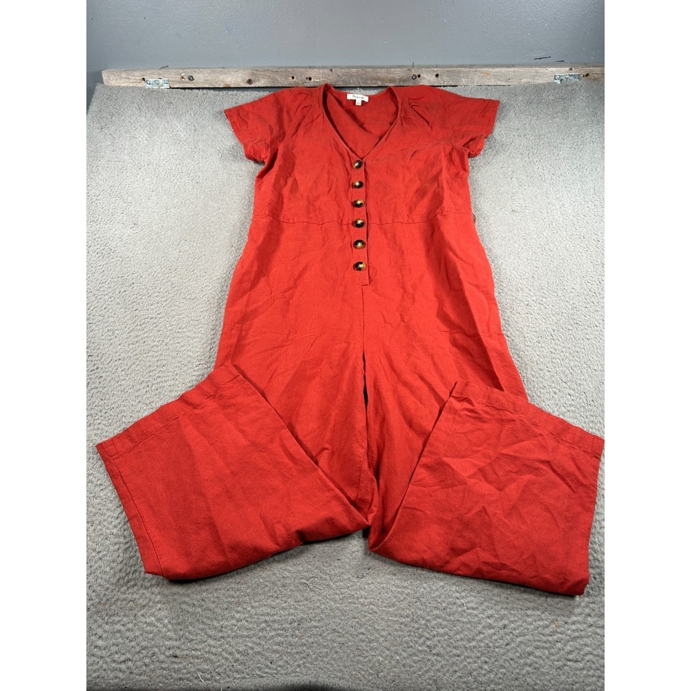 Madewell Jumpsuit Women's 6 Red One-Piece V-Neck Pleated Sleeve Cropped Wide-Leg
